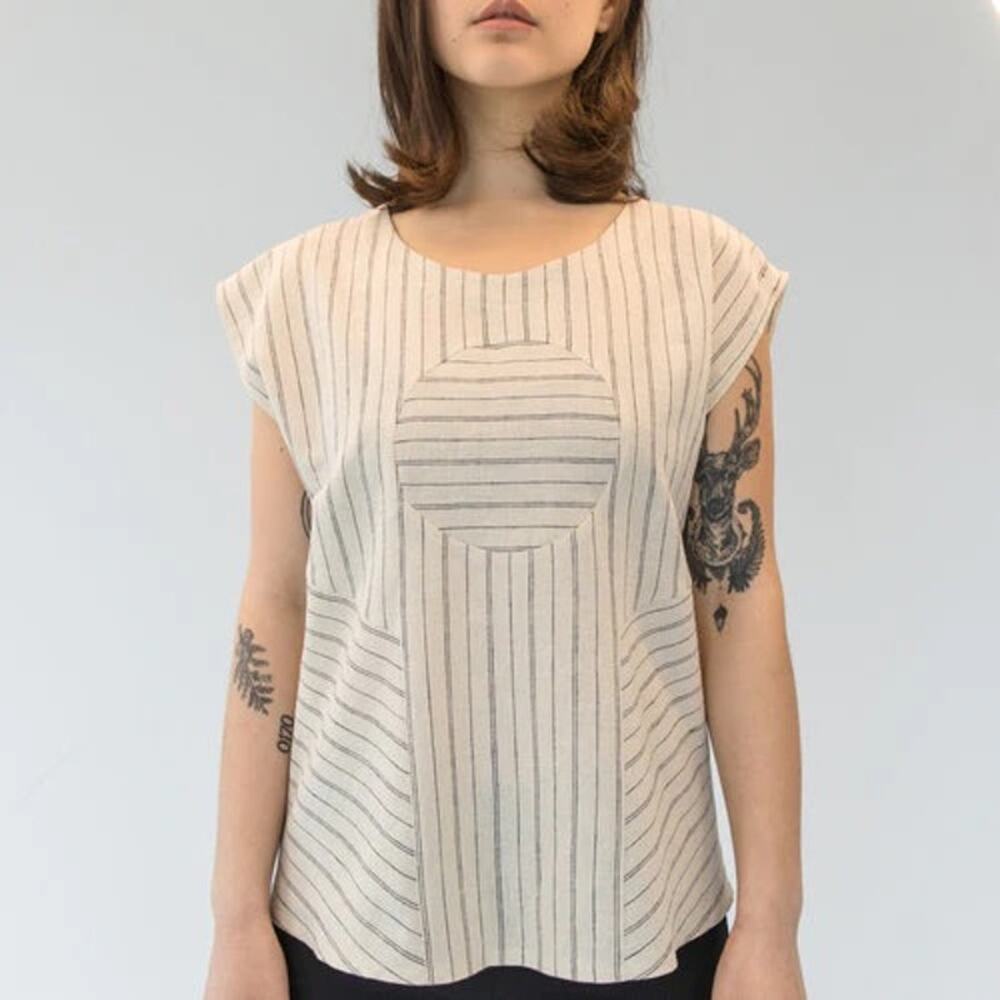 Sara Bergman Organic Cotton Top Womens L Cream Stripe Casual Hemp Lightweight